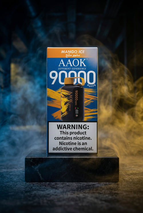 AAOK vape device packaging with a warning label held by a hand.