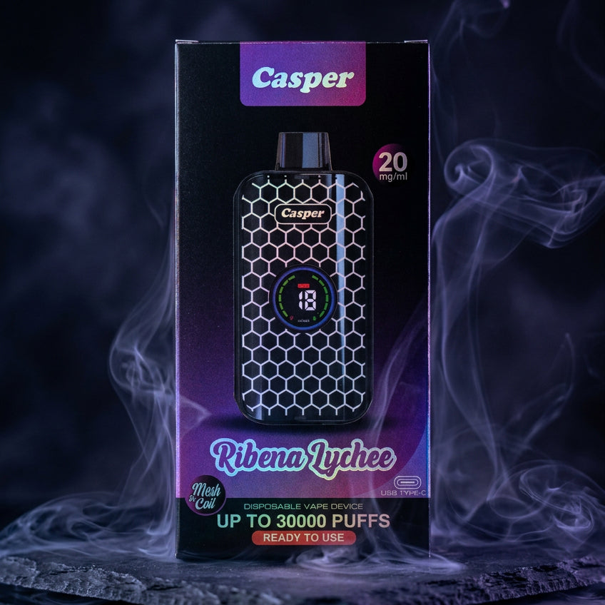 Casper vape device packaging with 'Ribena Lychee' flavor on a blurred background
