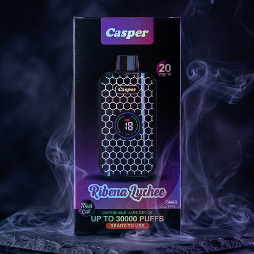 Casper vape device packaging with 'Ribena Lychee' flavor on a blurred background